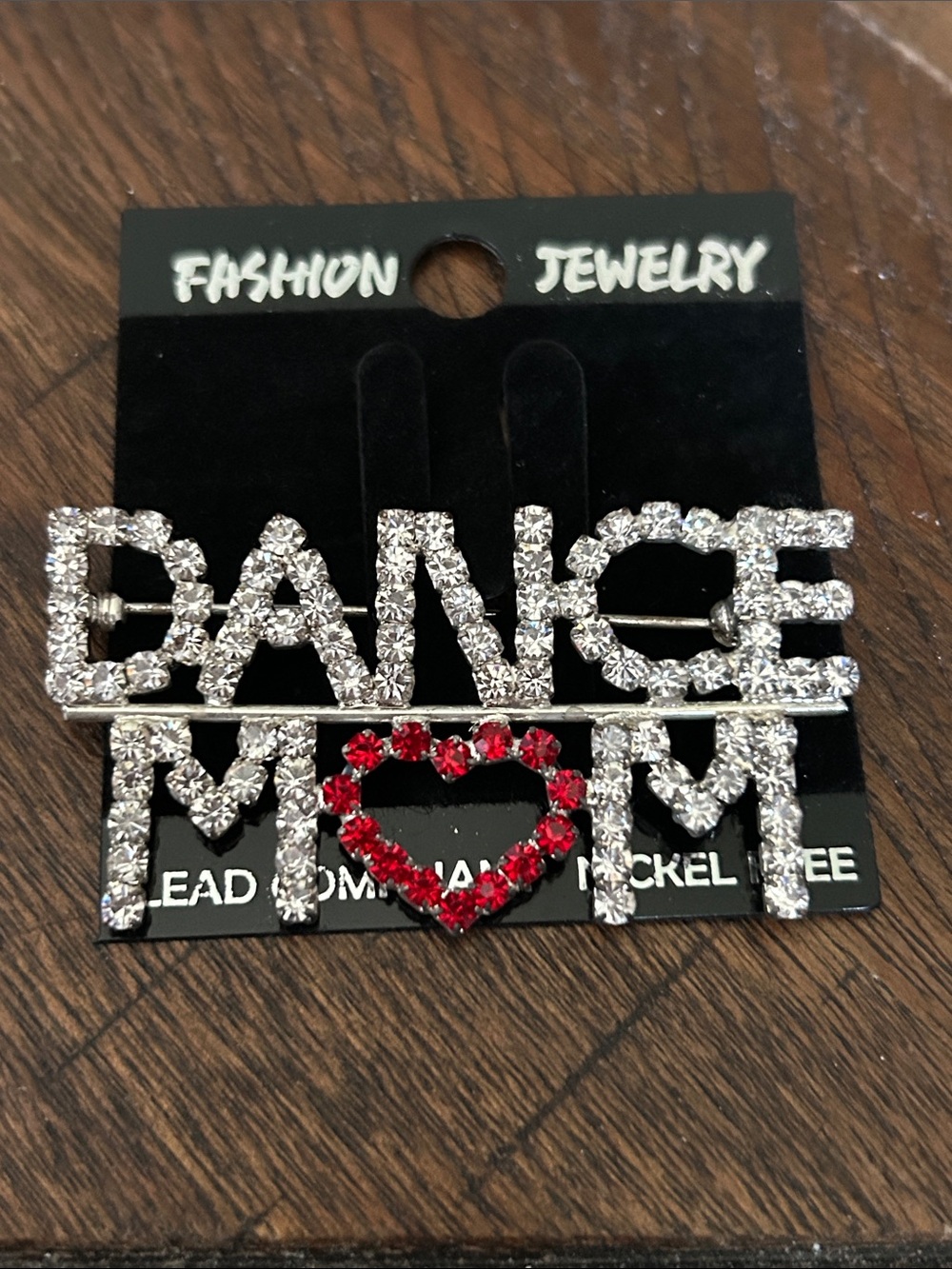 Fashion Jewelry Crystal 'DANCE MOM' Pin with Red Heart Accent